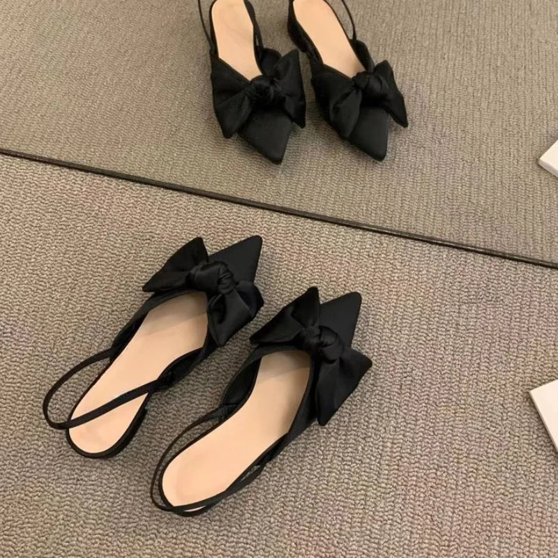 Women French Polka Dot Plaid Bow Slingback Sandals, Pointed Toe Thin Strap Flat Pumps, Vintage Daily Wear Mules