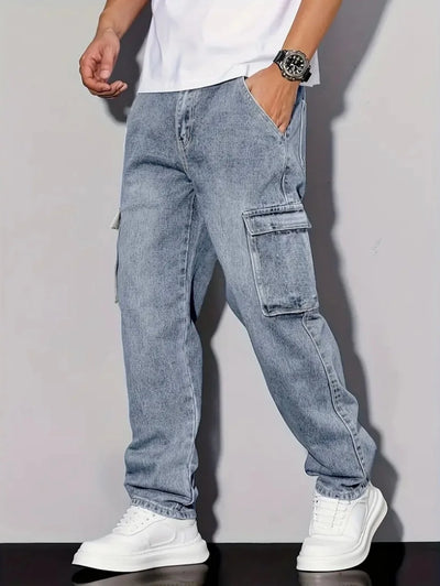 Men's American Retro Casual Cargo Jeans, Loose Fit, Solid | SAMAG