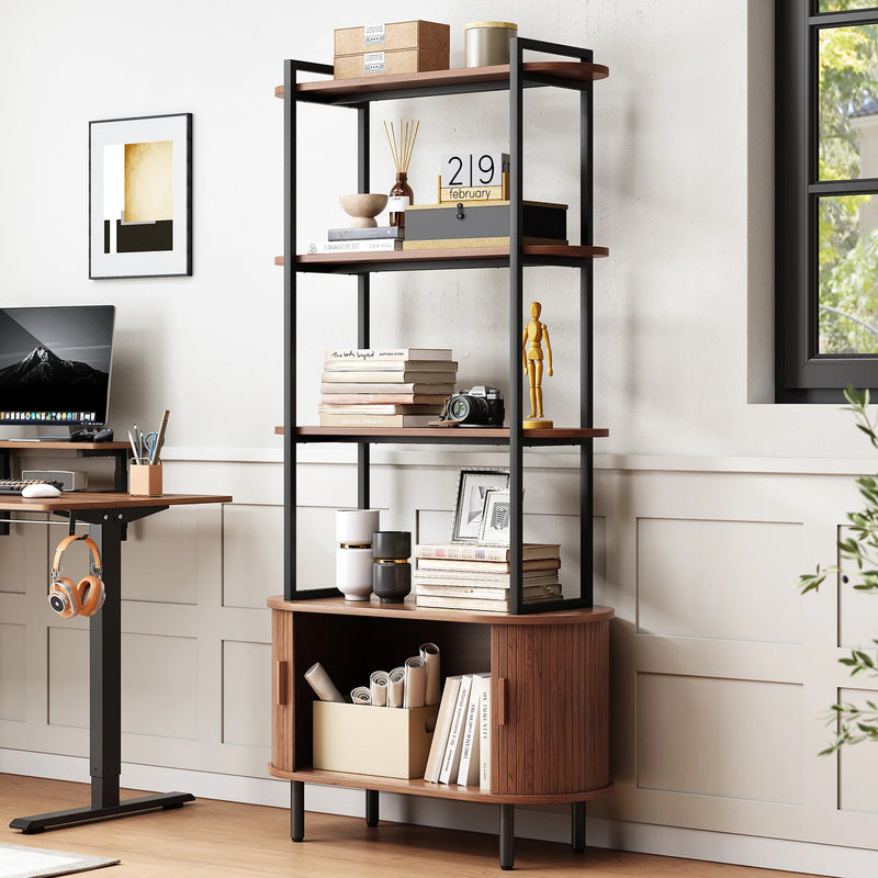 71" Tall Bookshelf,4-Tier Book Shelf with Storage Cabinet,Modern Bookcase with Sliding Door & Adjustable Footpad