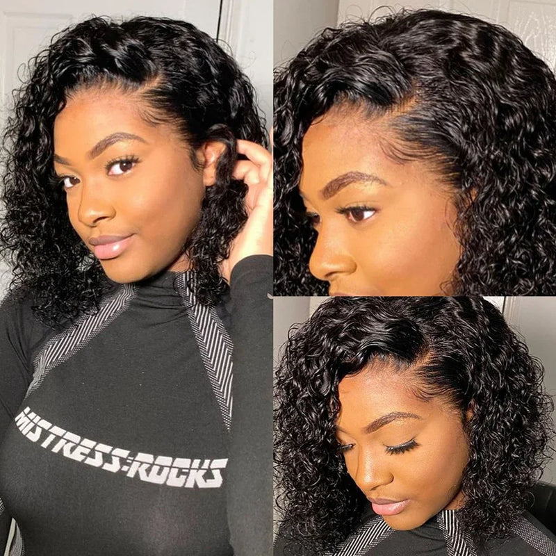Indian Pixie Cut Wigs Human Hair Short Curly Lace Front Human Hair Wigs Side Part Water Wave Bob Wig 13x1 Transparent Lace Wigs