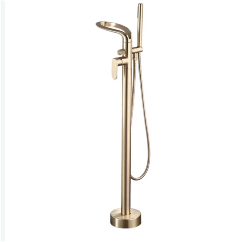 Tuqiu Brushed Gold Bathroom Bathtub Faucet + Handheld Shower Free Standing Luxury Waterfll BathTub Mixer Taps Floor Mounted