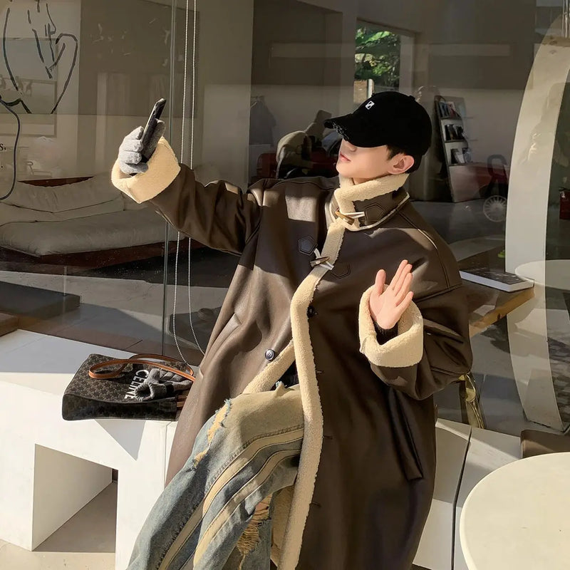 Luxury Brand Trend Winter Warmth Men Leather Trench Coat Fur Lined Long Overcoat Thick Single-Breasted Faux Fur PU Leather Coat