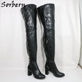 Sorbern Black Matte Block Square Heels Boots For Women Unisex Style Round Toe Mid Thigh High Half Zipper Long Boots Custom