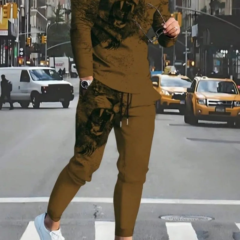 Fashionable men's summer new cool lion print comfortable and breathable round neck long pants set outdoor - View 7 | SAMAG