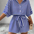 Summer New Set For Women's Casual Loose Comfortable Outfit Fashion Striped Batwing Sleeve Shirt Top+ Shorts 2-piece Sets Woman
