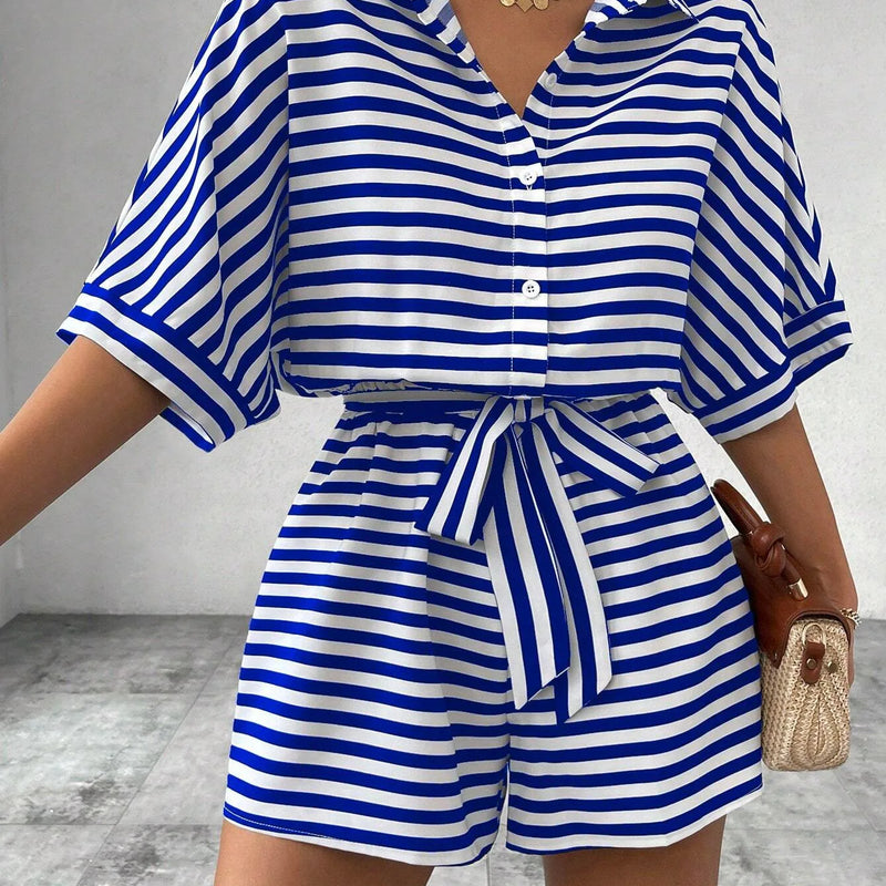Summer New Set For Women's Casual Loose Comfortable Outfit Fashion Striped Batwing Sleeve Shirt Top+ Shorts 2-piece Sets Woman