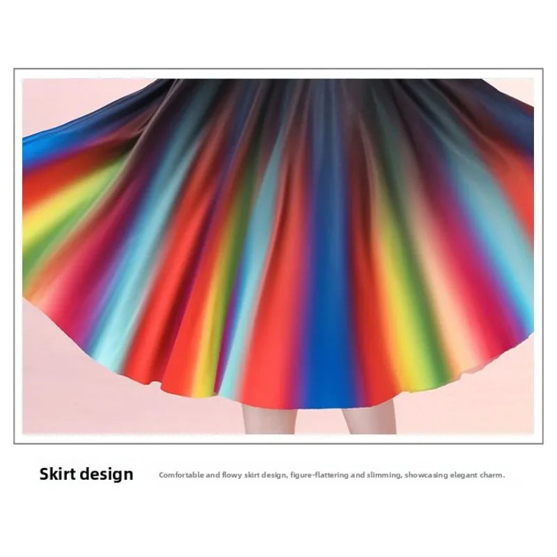 Colorful Gradient Long Skirt Summer Casual Dance Dress Loose Comfortable Stylish Outfit Middle Aged Elderly Dancing Wear Soft