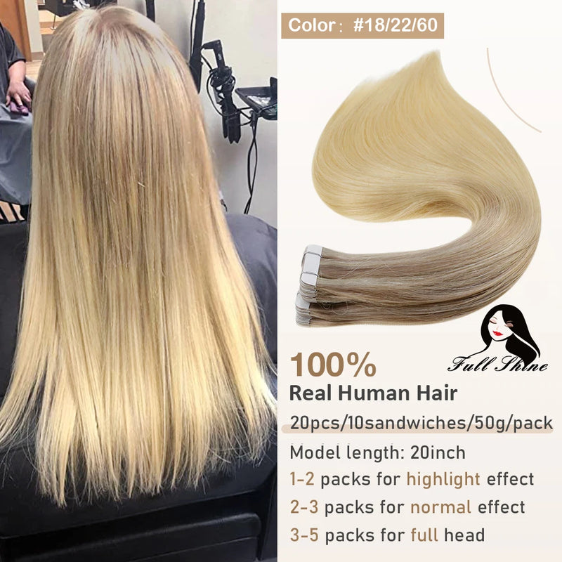 Full Shine Tape In Hair Extensions Human Hair 100% Remy Natural Human Hair Seamless Skin Weft Seamless Color Glue For Women