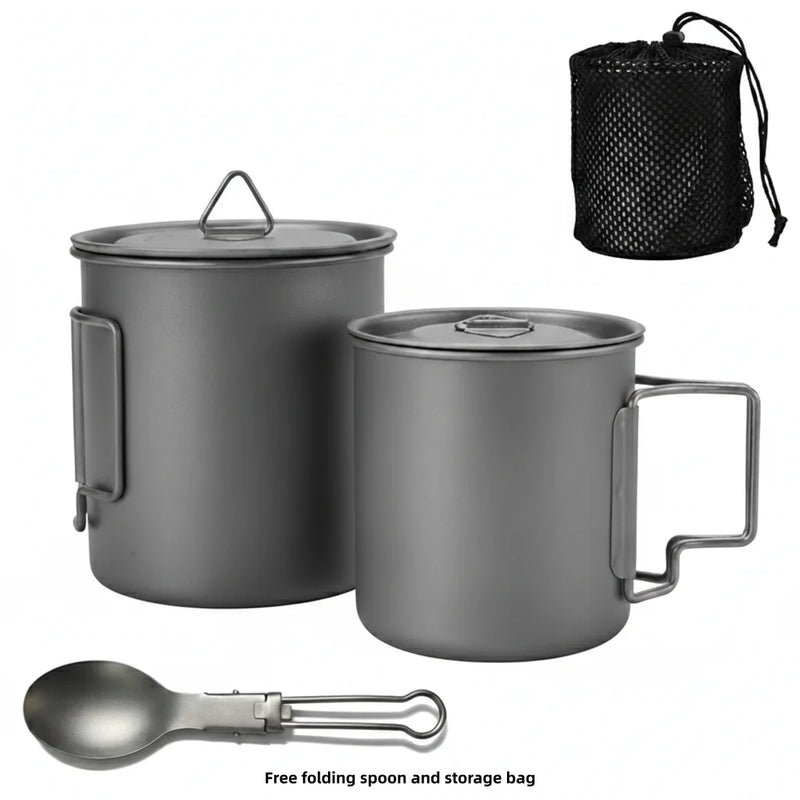 Titanium Camping Cookware Set with Folding Mug (420ml/750ml) and 750ml Pot, Lightweight Portable Outdoor Kit for Hiking Backpack