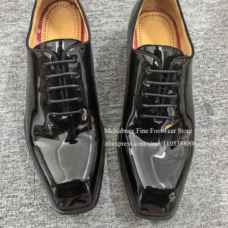 Glossy Patent Leather Dress Shoes Oxfords Square Toe Lace Up Formal Shoes for Men Wedding Office Business Ideal Gift for Men