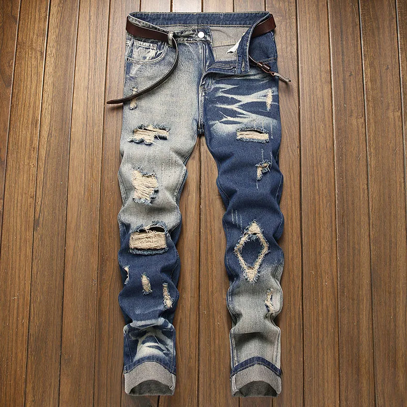 New Retro Jeans Men's Straight Leg Pants Ripped | SAMAG