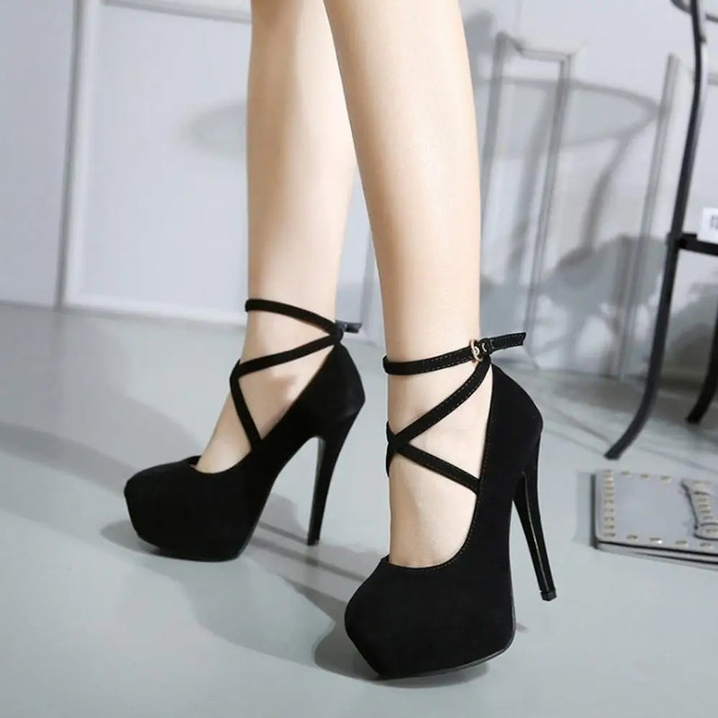 Women Pumps Sexy Cross Strap Stripper Pole Dance High Heels 14cm Shallow Round Toe Platform Stiletto Elegant Party Wedding Shoes