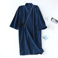 KIDWHXR Man Summer Sleepwear Robe Japanese Plaid Lace-up Male Kimono Pajama Robe Loose Comfortable Mid Length Robe for Men
