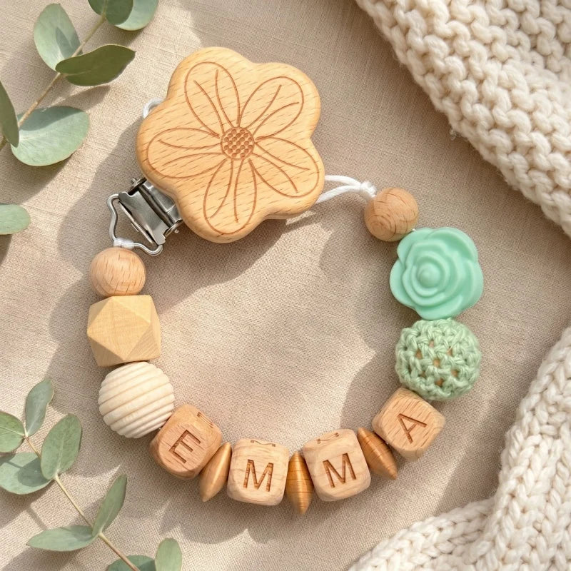 Personalized Name Pacifier Clip Silicone Wooden Dinosaur Baby Teether Holder BPA Free Custom Soother Chain Handmade Dummy Clip