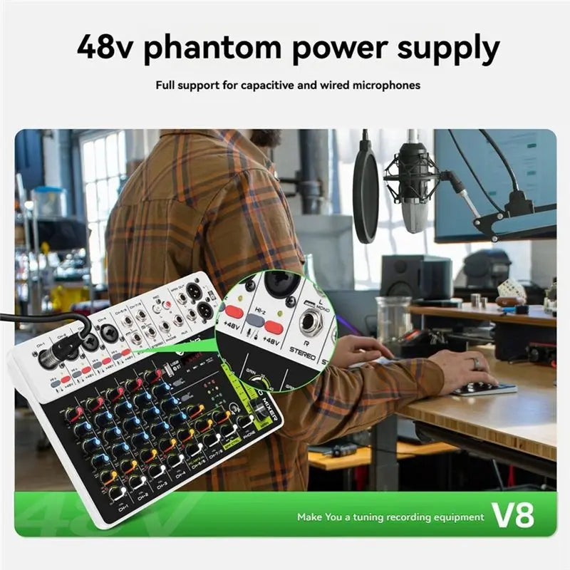 DEBRA PROFESSIONAL AUDIO V8 Audio Mixer Small Mixing Console With Bluetooth USB 48V Phantom Power Delay Repaeat For DJ