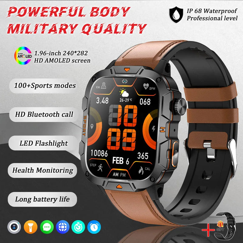 2025 New Military Grade Smart Watch Men 1.96" AMOLED Screen 5ATM Waterproof Simming Sports Fitness Tracker BT Call Smartwatches
