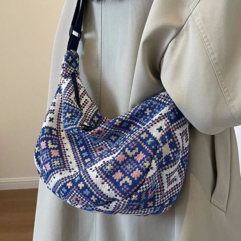 Vintage Female Shoulder Messenger Bag Trend Simple Zipper Handbags Ethnic-Style Canvas Shoulder Bag Small Tote Crossbody Bags