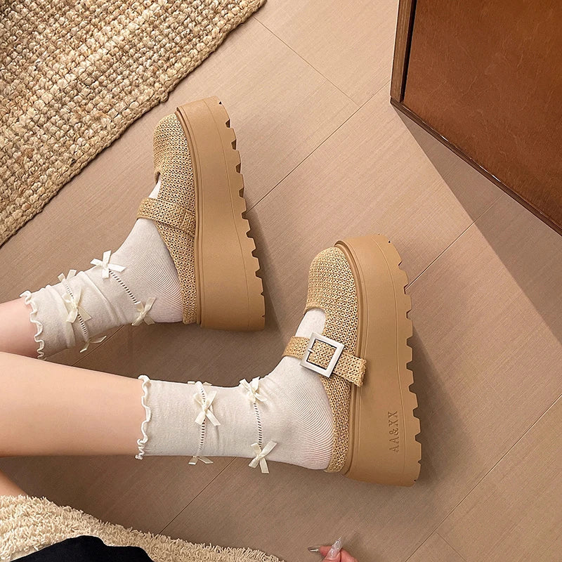 Women Platform Mules Closed Toe Buckle Strap Slip On Clogs 2026 Summer Linen Canvas Casual Wedge Sandals for Daily Outdoor Wear