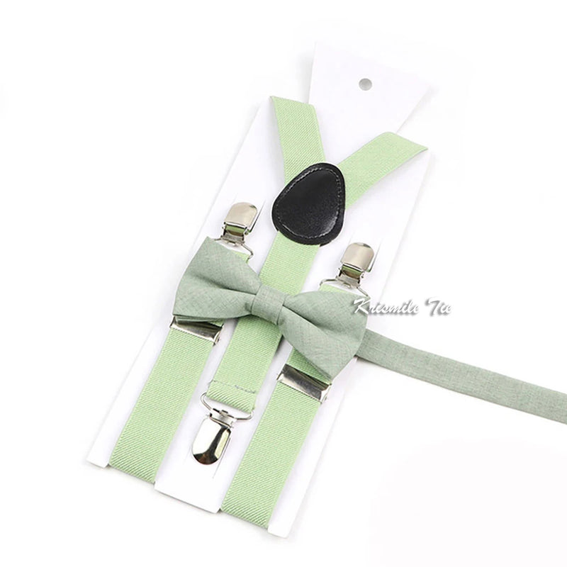 Novalty Sage Green Suspender Bowtie Set For Men Women Kids Romatic Wedding Party Elastic Y-back Straps Pants Shirt Accessory