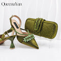 Queena Yan New Arrival Fashionable Olive Color Diamond Decorative Party Wedding Pointed Toe Women's High Heels and Bag Set