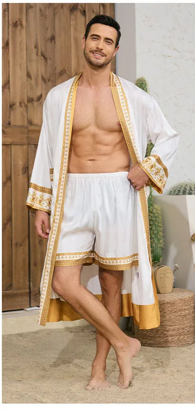 Spring Summer Men Pajamas 2PCS Robe Shorts Set Baroque Style Satin Kimono Bathrobe Nightgown Home Clothing Loungewear MY1170