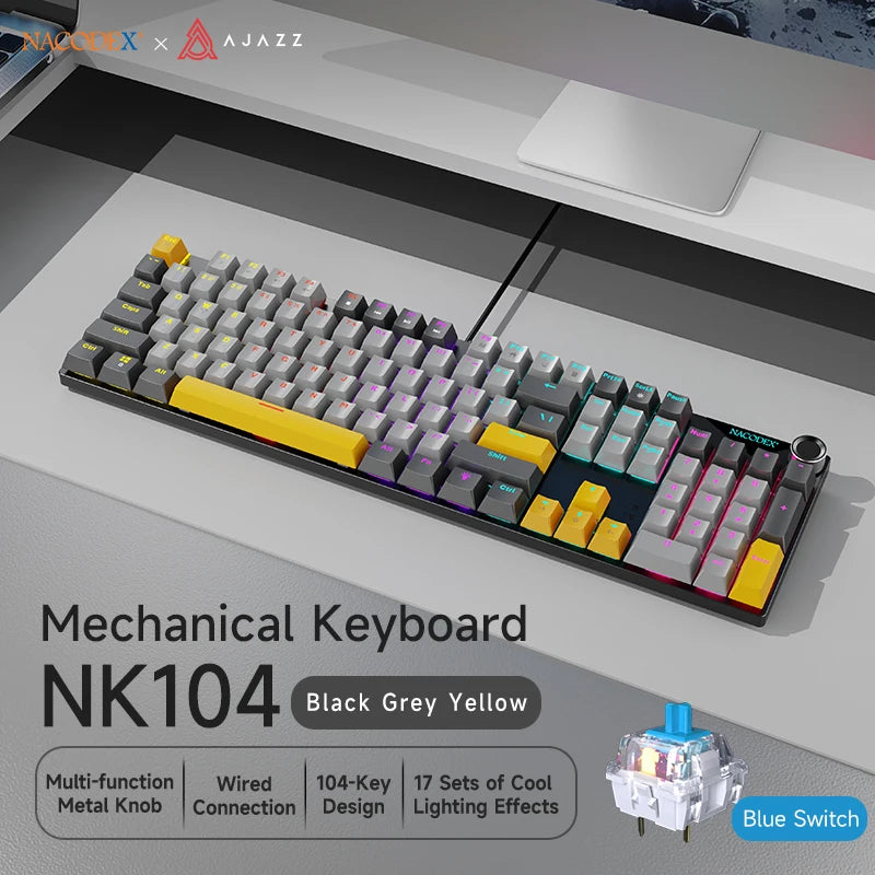 AJAZZ NK104 Mechanical Keyboard Wired Dual-Injection Keycaps 104 Hot-Swapping LED Hybrid Backlight Gamer Keyboard for Laptop PC