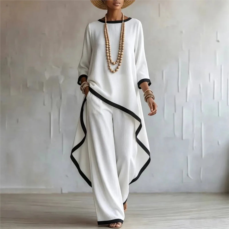 Women's Contrast Patchwork Two Piece Set Autumn O-neck Long Sleeve Irregular Extended Top + Wide Leg Pants Casual Matching Sets