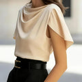 Women's Short Sleeve Cowl Neck Blouse Elegant Draped - View 2 | SAMAG