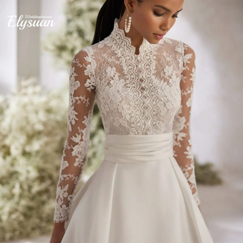 Customized Lace Appliques Wedding Dresses High Collar - View 3 | SAMAG