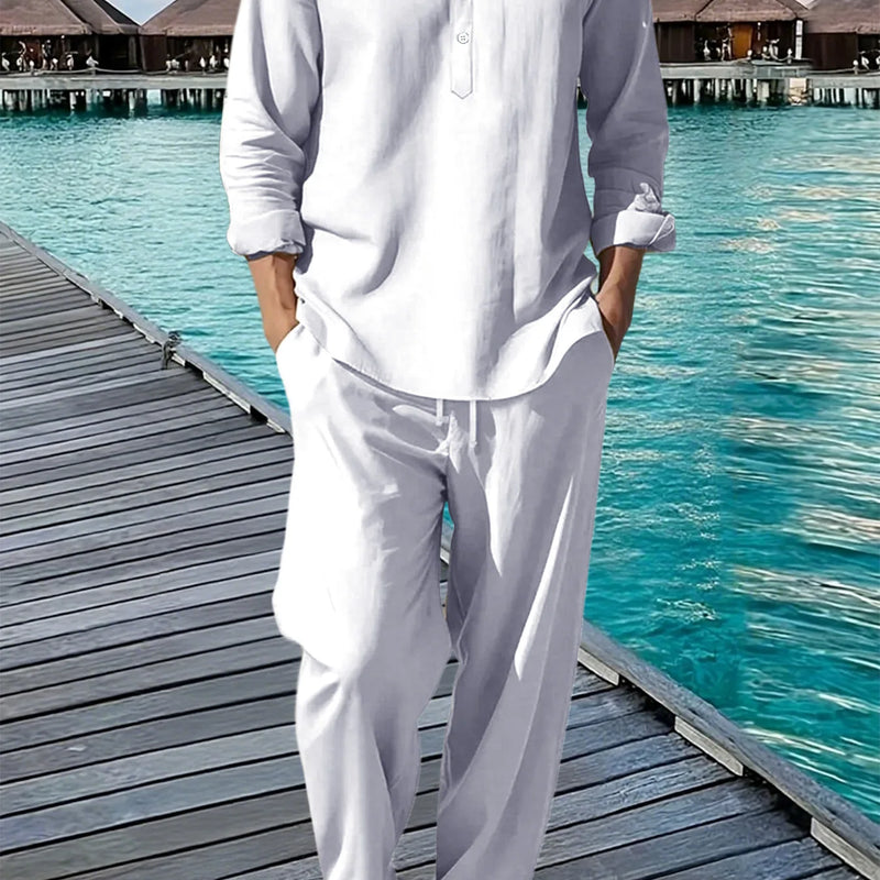 New Long Sleeve Henley Shirt Pants Suit Men Lightweight Breathable Streetwear Solid Color Business Button - View 4 | SAMAG