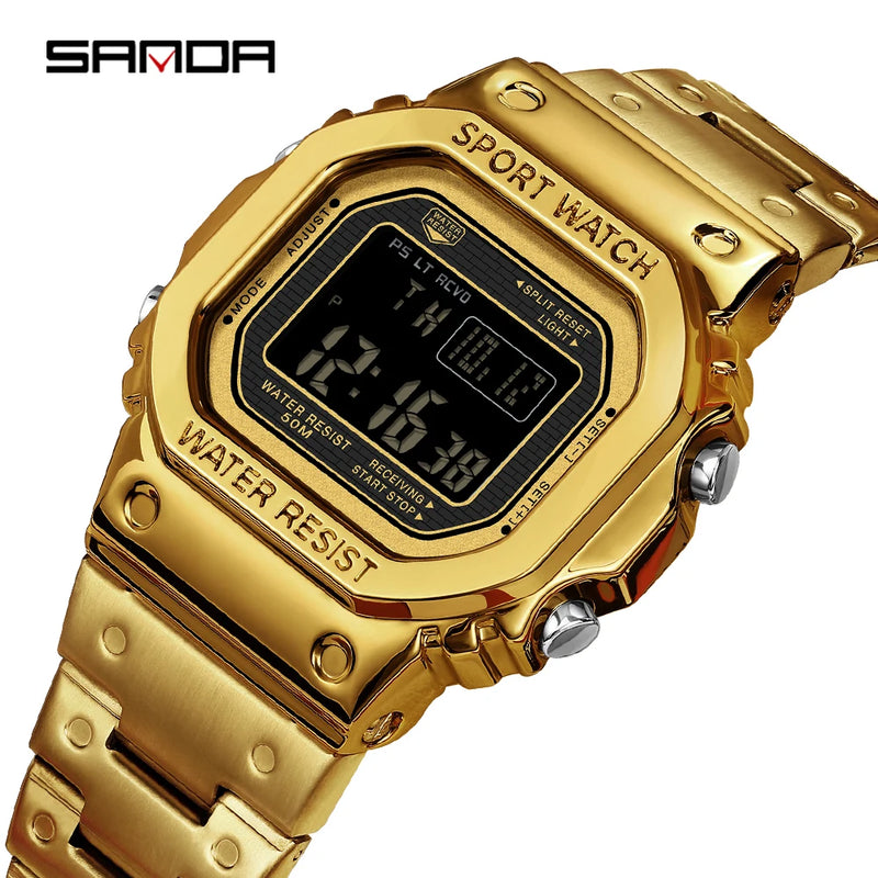 SANDA 2162 Men's Electronic Watch Square Waterproof Multi Functional Wrist Watch Square Fashion Night Light Steel Digit Watches