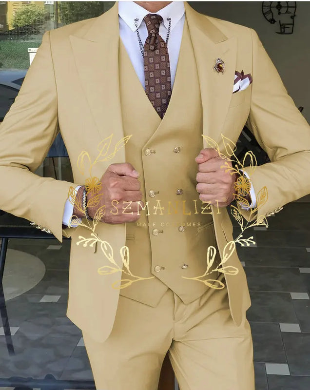 Beige Business Suits For Men Tuxedos Gold Buttons Groom Groomsman Prom Wedding Party Formal 3 Pieces Sets - View 10 | SAMAG