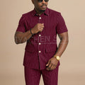 Navy Blue Striped Men Suits Chic Stand Collar Short Sleeves Wear Single Breasted Office Business Casual Male Suit 2 Piece