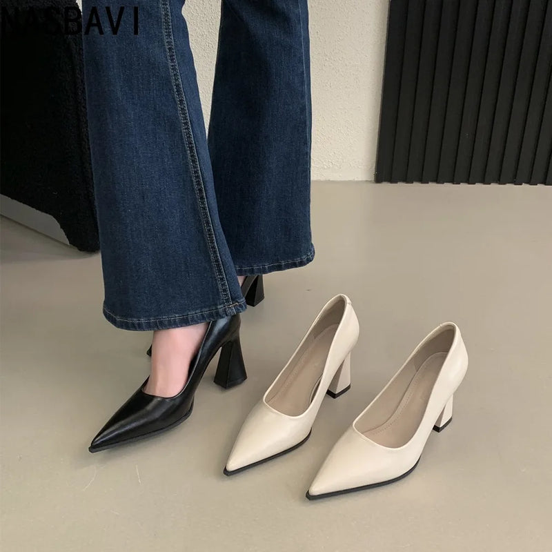 Spring French High Heels Black OL Single Shoes Classic Slip-On Chunky Women's Banquet Prom Dress Party Single Shoes Pumps New