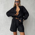 FSMG Fashion Solid Cotton Linen Shorts Set Casual Loose Buttons Long Sleeves Shirt  Elastic Waist Shorts Outfit Lady Chic Outfit