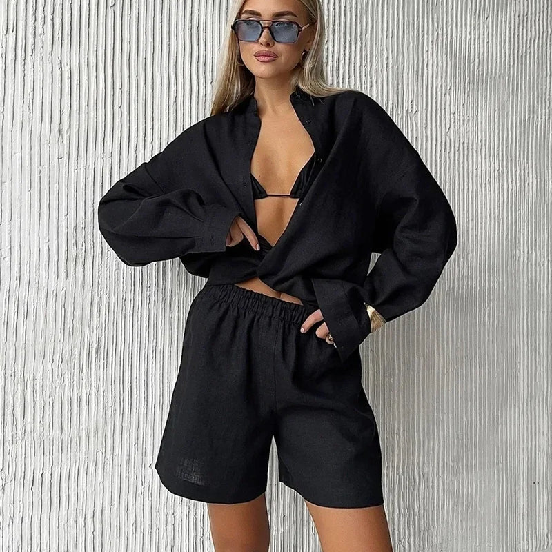 FSMG Fashion Solid Cotton Linen Shorts Set Casual Loose Buttons Long Sleeves Shirt  Elastic Waist Shorts Outfit Lady Chic Outfit