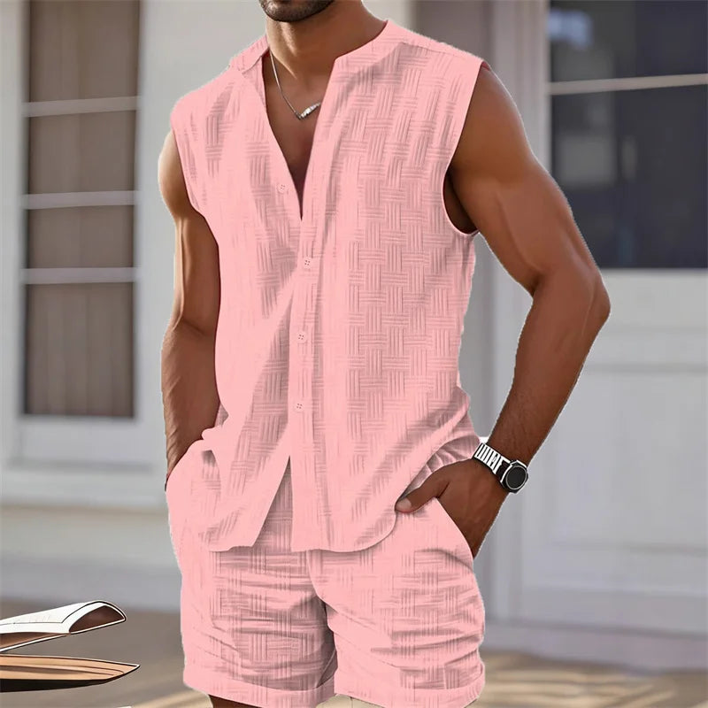 Men's Vest Shirt, Sleeveless Top and Shorts Plaid Two - Piece Set, Casual Trendy Hawaiian Beach - View 3 | SAMAG
