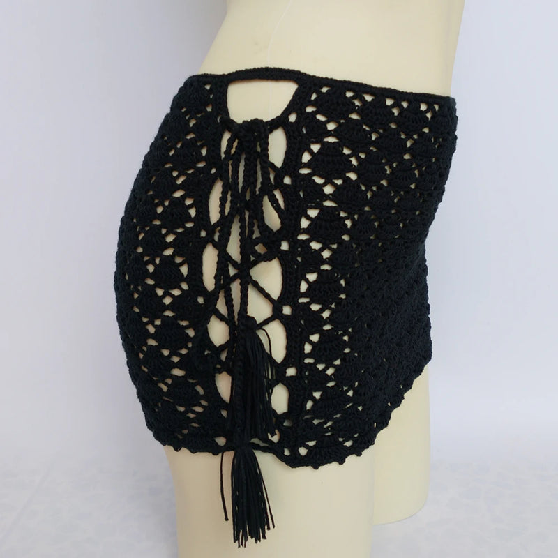 High Quality Bikini Cover Up Mini Skirt Beach Skirt Hollow Out Tassel Bandage Short Beach Skirt Cover-Ups 100% Handmade