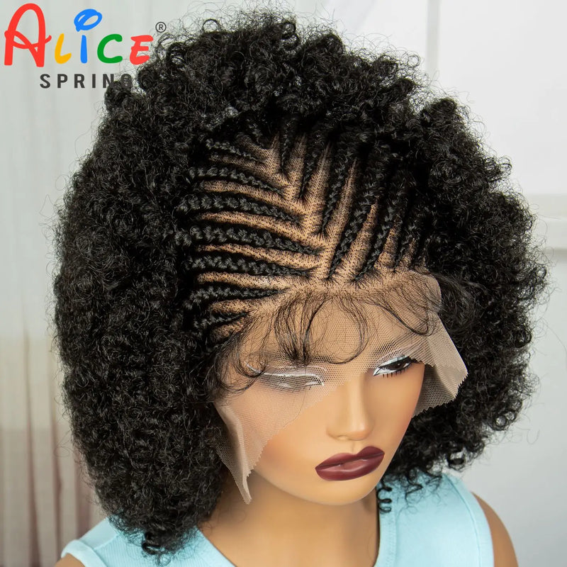 Full Lace Natural Cornrow Braided Wigs 8inch Synthetic Afro Kinky Curly Short Braided Lace Wigs With Baby Hair for Black Women
