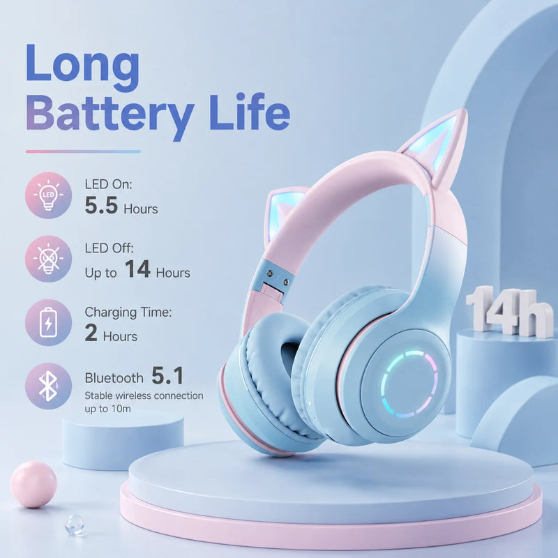 Cat Ear Headphones Bluetooth 5.1 Wireless Earphones with RGB Light Detachable Mic 40mm Stereo Drivers for Gaming Calls & Music
