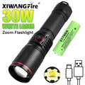 30W High Power LED Flashlight Zoom Torch USB Rechargeable Light Outdoor Camping Hunting Fishing Walking Riding Lighting Lamp