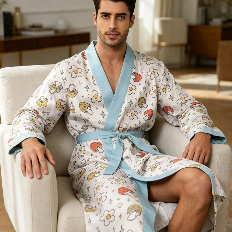 Men's lightweight quick-drying pajama bathrobe - 3D digital printing, non-fading design, stand-up collar and adjustable waistban