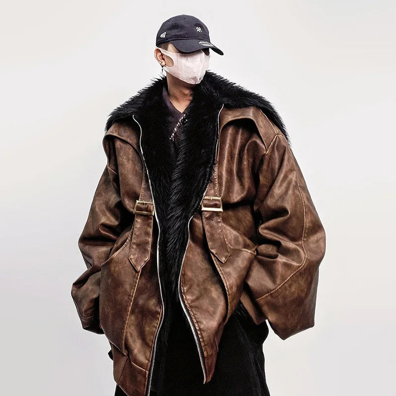 LUZHEN Fashion Original High Quality Faux Fur Patchwork Collar Leather Jacket Men's 2025 Winter Vintage Street Male Coat JY4929