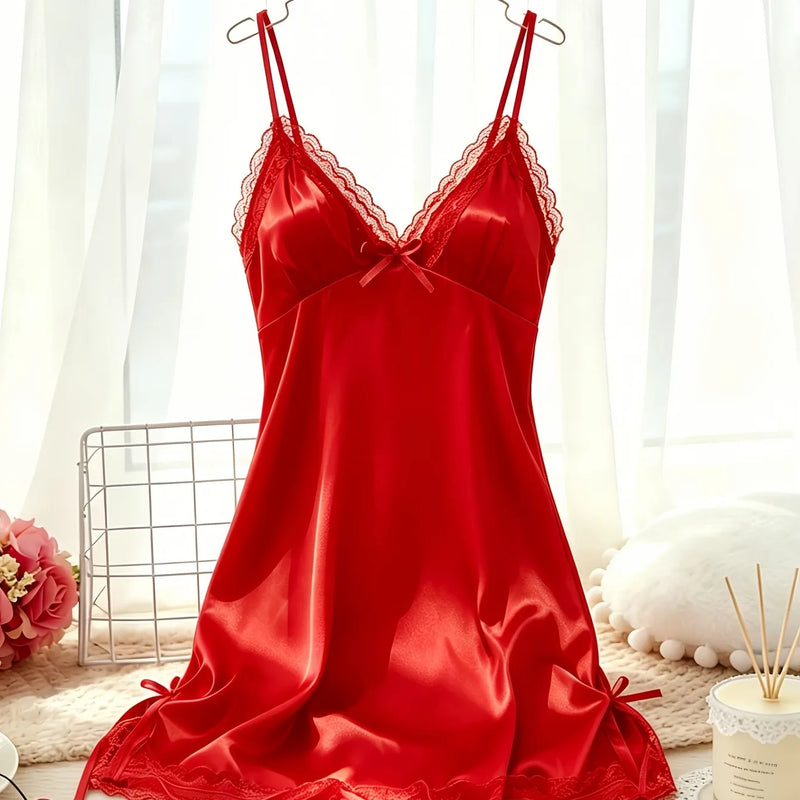Women's Satin Cami Nightdress V Neck Lace Trim Sleepwear | SAMAG