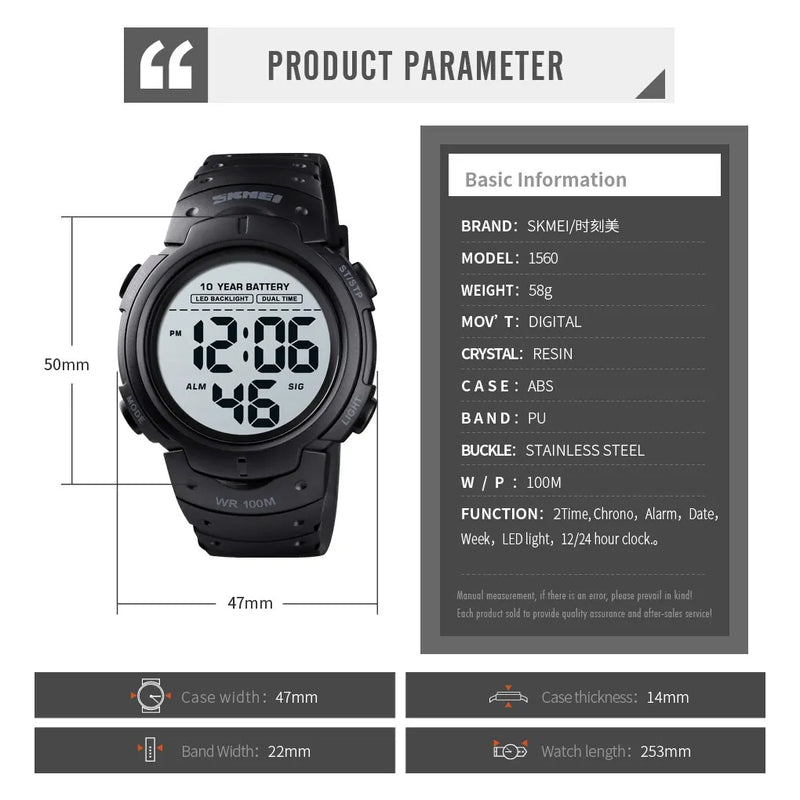 Outdoor Digital Sport Watches Mens Sport Watch 100M Waterproof Led Light Display 10 Year Battery Life Alarm Date Clock