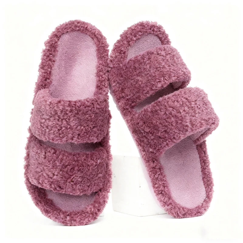 Litfun Winter Fluffy Women's Slippers Anti-slip Open-toe Slides Soft Sole Indoor Slides Furry Warm Cozy Bedroom Women's Slippers