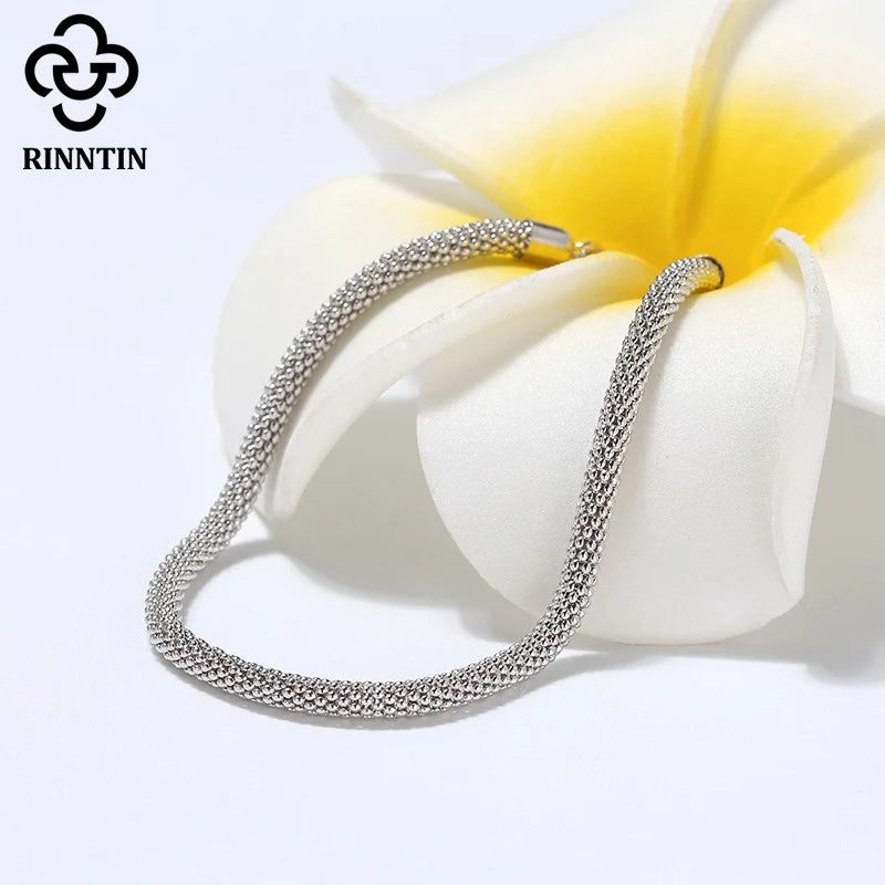 Rinntin Italian 925 Sterling Silver 3.0mm Mesh Popcorn Chain Bracelet for Women Jewelry Female Dating Trendy Accessories TSB65
