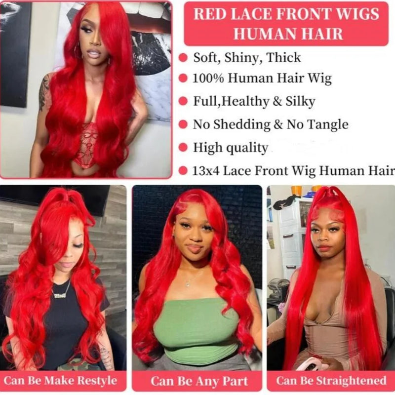 Hot Red Human Hiar Wigs 13x4 13x6 Lace Frontal Wig Body Wave Brazilian Colored Human Hair Wigs 30 36 Inch for Women  Pre plucked