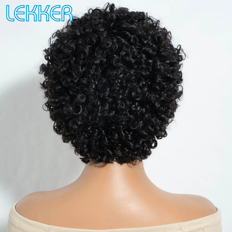 Lekker Black Short Pixie Cut Curly Bob 100% Human Hair Wigs For Women Brazilian Remy Hair Full Machine Made Glueless Daily Wigs