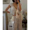 Combhasaki Women Floral Print 2Pcs Loungewear Pjs Set Fly Sleeve Front Bow Tied Ruffle V-Neck Crop Tops+Elastic Waist Long Pants